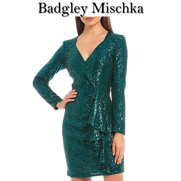 Gold Sparkly Holiday Dress Twist-Front Sequin Dress Dark Green  Venus  Fashion